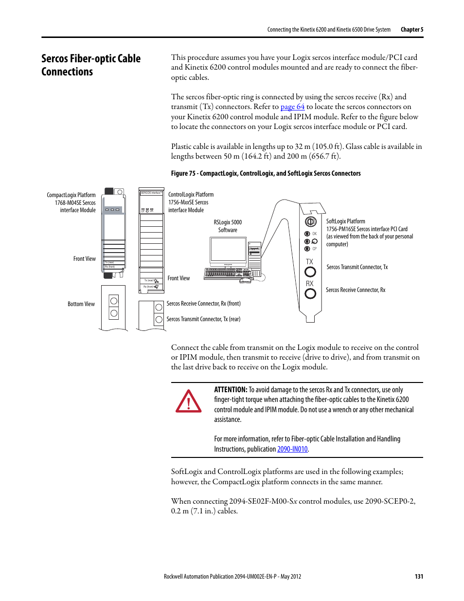 Sercos fiber-optic cable connections, Tx rx | Rockwell Automation 2094-EN02D-M01-Sx Kinetix 6200 and Kinetix 6500 Modular Multi-axis Servo Drives User Manual User Manual | Page 131 / 290