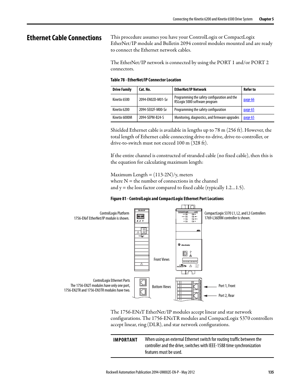 Ethernet cable connections | Rockwell Automation 2094-EN02D-M01-Sx Kinetix 6200 and Kinetix 6500 Modular Multi-axis Servo Drives User Manual User Manual | Page 135 / 290