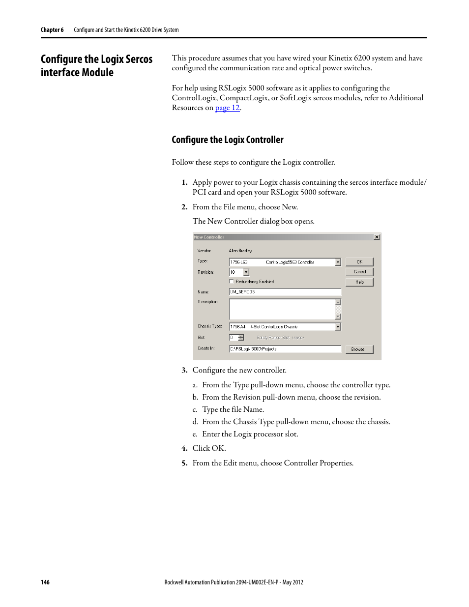 Configure the logix sercos interface module, Configure the logix controller | Rockwell Automation 2094-EN02D-M01-Sx Kinetix 6200 and Kinetix 6500 Modular Multi-axis Servo Drives User Manual User Manual | Page 146 / 290