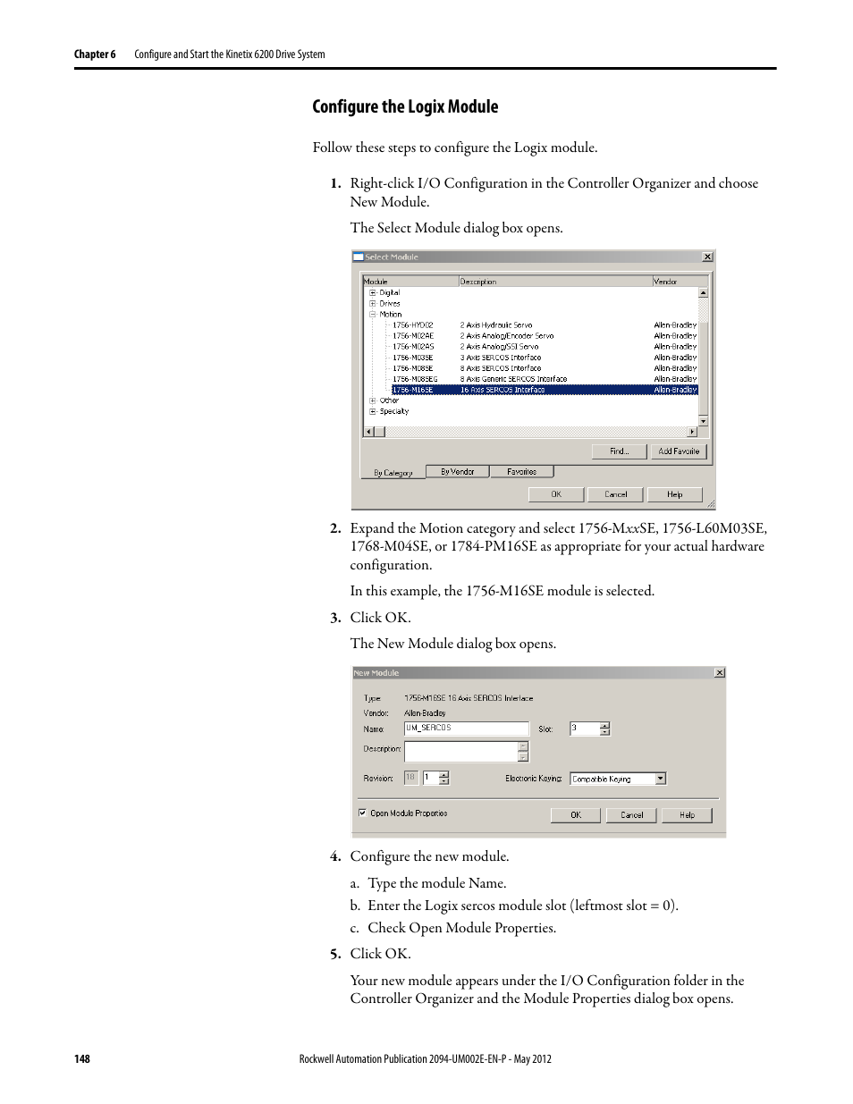 Configure the logix module | Rockwell Automation 2094-EN02D-M01-Sx Kinetix 6200 and Kinetix 6500 Modular Multi-axis Servo Drives User Manual User Manual | Page 148 / 290