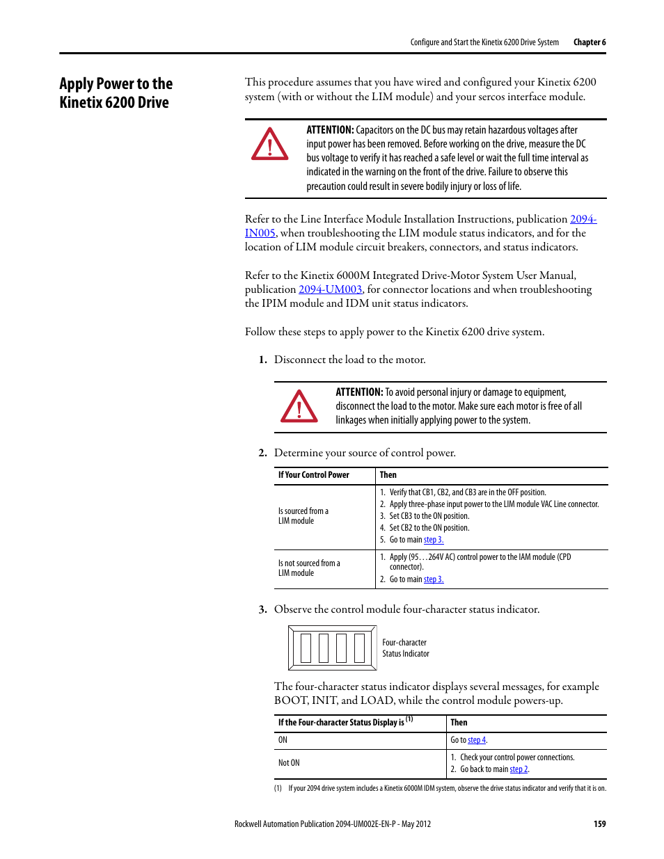 Apply power to the kinetix 6200 drive | Rockwell Automation 2094-EN02D-M01-Sx Kinetix 6200 and Kinetix 6500 Modular Multi-axis Servo Drives User Manual User Manual | Page 159 / 290