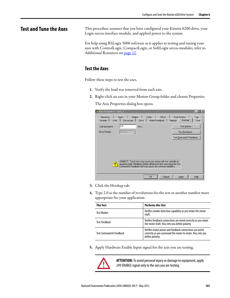 Test and tune the axes, Test the axes | Rockwell Automation 2094-EN02D-M01-Sx Kinetix 6200 and Kinetix 6500 Modular Multi-axis Servo Drives User Manual User Manual | Page 161 / 290