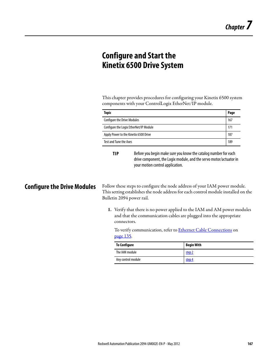 Configure the drive modules, Chapter 7, Configure and start the kinetix 6500 drive system | Chapter | Rockwell Automation 2094-EN02D-M01-Sx Kinetix 6200 and Kinetix 6500 Modular Multi-axis Servo Drives User Manual User Manual | Page 167 / 290