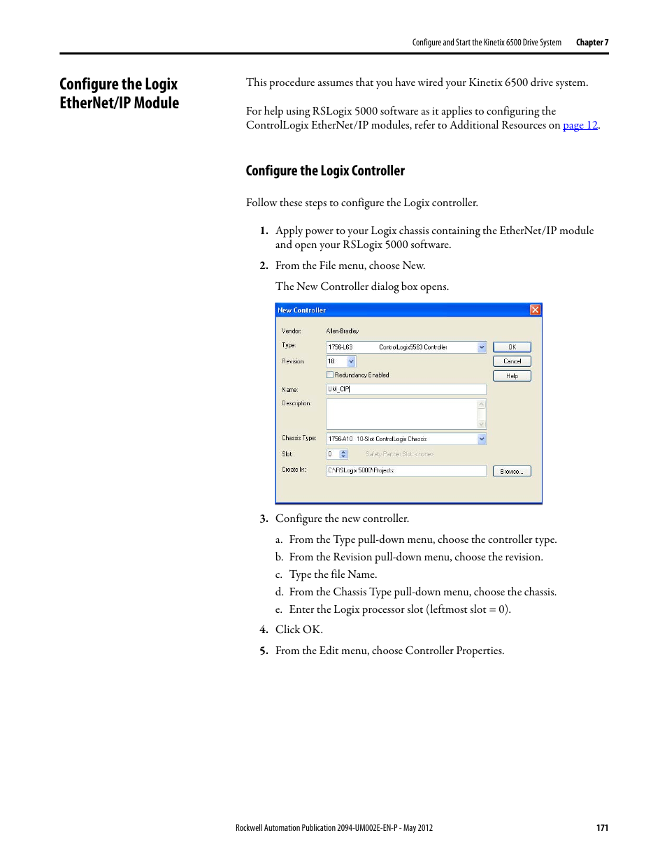 Configure the logix ethernet/ip module, Configure the logix controller | Rockwell Automation 2094-EN02D-M01-Sx Kinetix 6200 and Kinetix 6500 Modular Multi-axis Servo Drives User Manual User Manual | Page 171 / 290