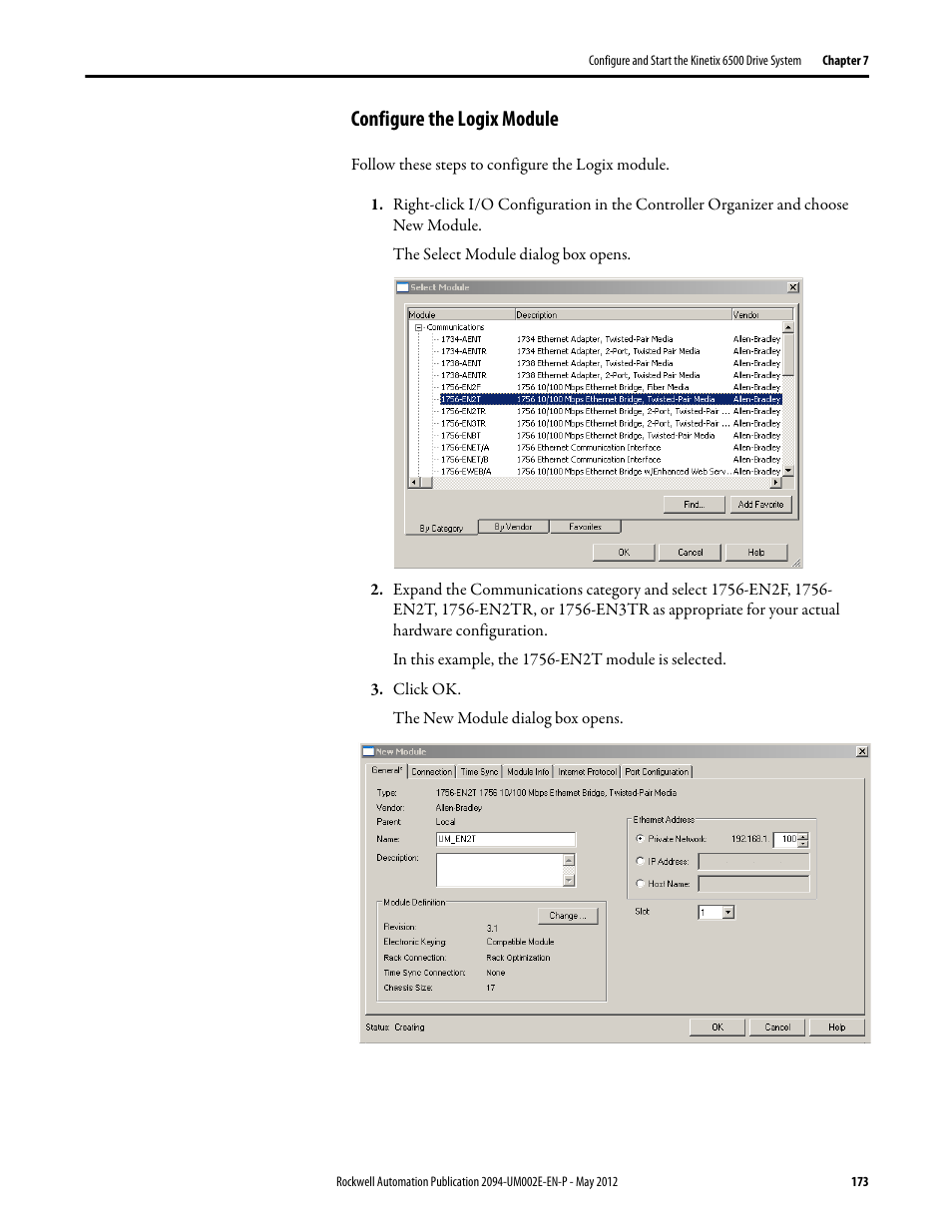 Configure the logix module | Rockwell Automation 2094-EN02D-M01-Sx Kinetix 6200 and Kinetix 6500 Modular Multi-axis Servo Drives User Manual User Manual | Page 173 / 290