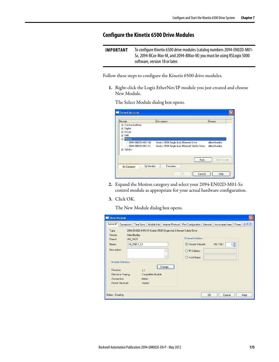 Configure the kinetix 6500 drive modules | Rockwell Automation 2094-EN02D-M01-Sx Kinetix 6200 and Kinetix 6500 Modular Multi-axis Servo Drives User Manual User Manual | Page 175 / 290