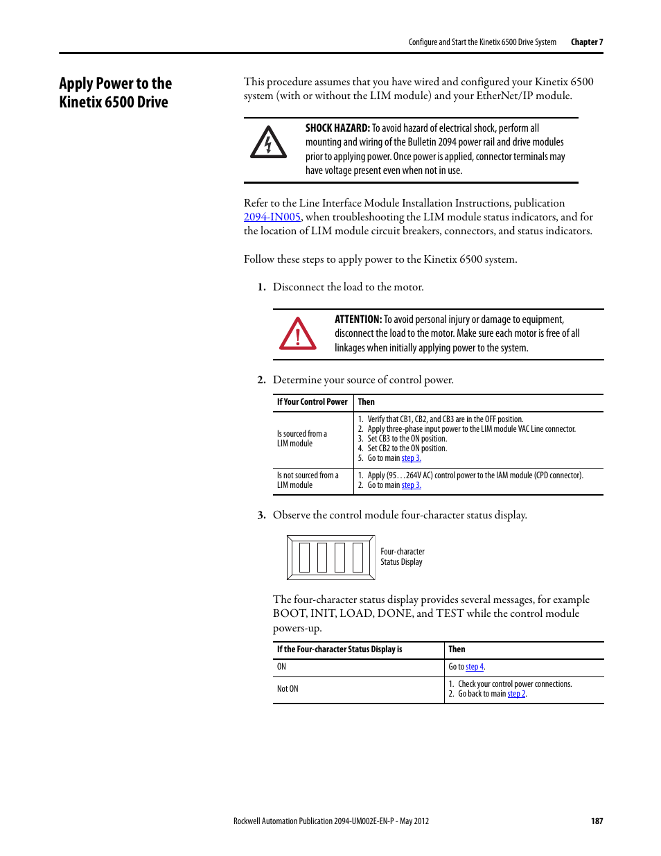 Apply power to the kinetix 6500 drive | Rockwell Automation 2094-EN02D-M01-Sx Kinetix 6200 and Kinetix 6500 Modular Multi-axis Servo Drives User Manual User Manual | Page 187 / 290