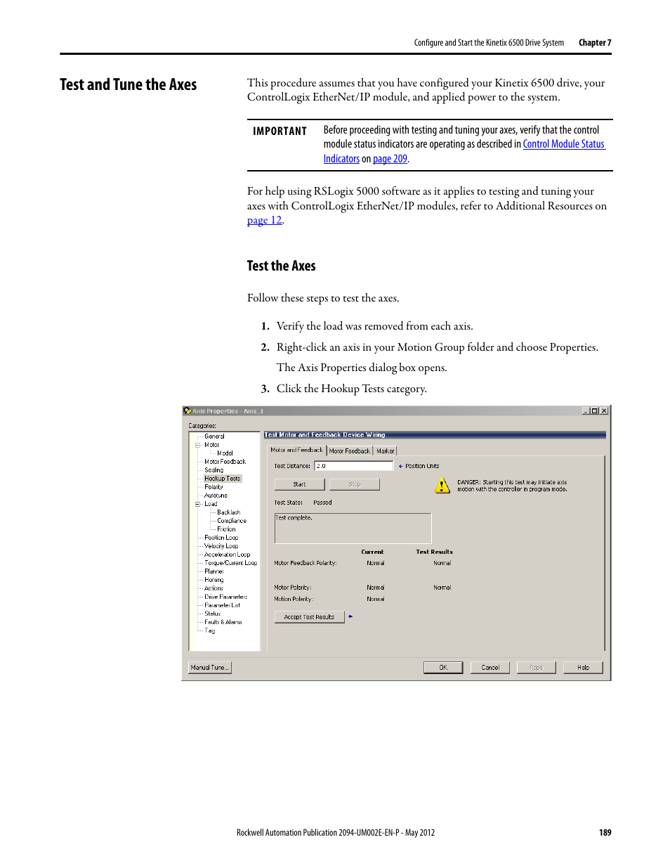 Test and tune the axes, Test the axes | Rockwell Automation 2094-EN02D-M01-Sx Kinetix 6200 and Kinetix 6500 Modular Multi-axis Servo Drives User Manual User Manual | Page 189 / 290