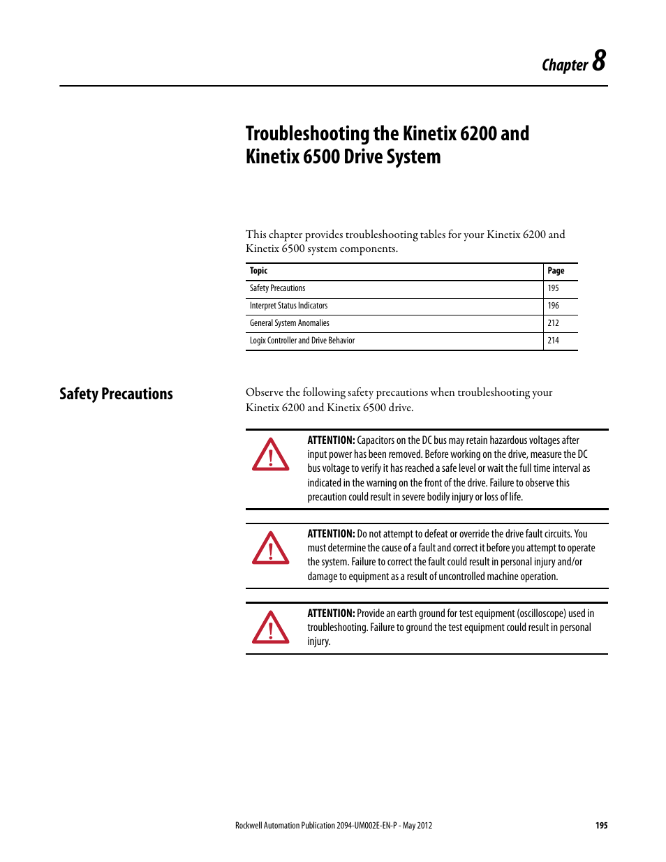 Safety precautions, Chapter 8, Chapter | Rockwell Automation 2094-EN02D-M01-Sx Kinetix 6200 and Kinetix 6500 Modular Multi-axis Servo Drives User Manual User Manual | Page 195 / 290