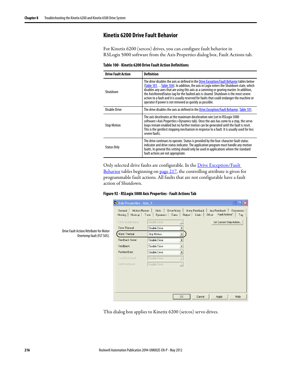 Kinetix 6200 drive fault behavior | Rockwell Automation 2094-EN02D-M01-Sx Kinetix 6200 and Kinetix 6500 Modular Multi-axis Servo Drives User Manual User Manual | Page 216 / 290