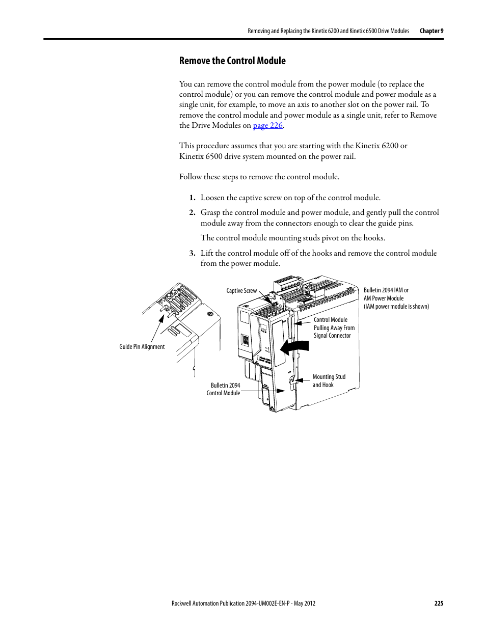 Remove the control module | Rockwell Automation 2094-EN02D-M01-Sx Kinetix 6200 and Kinetix 6500 Modular Multi-axis Servo Drives User Manual User Manual | Page 225 / 290
