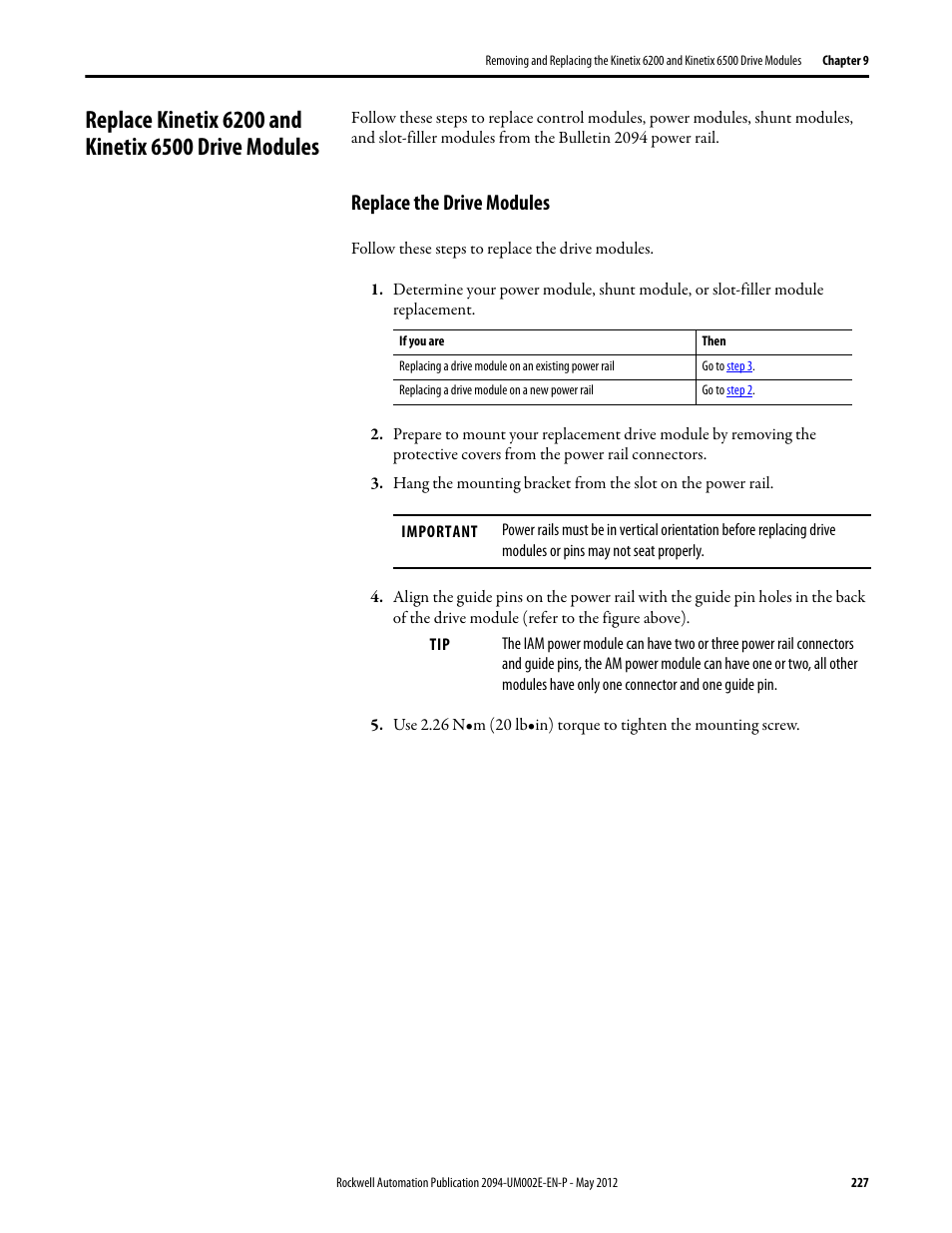 Replace the drive modules | Rockwell Automation 2094-EN02D-M01-Sx Kinetix 6200 and Kinetix 6500 Modular Multi-axis Servo Drives User Manual User Manual | Page 227 / 290