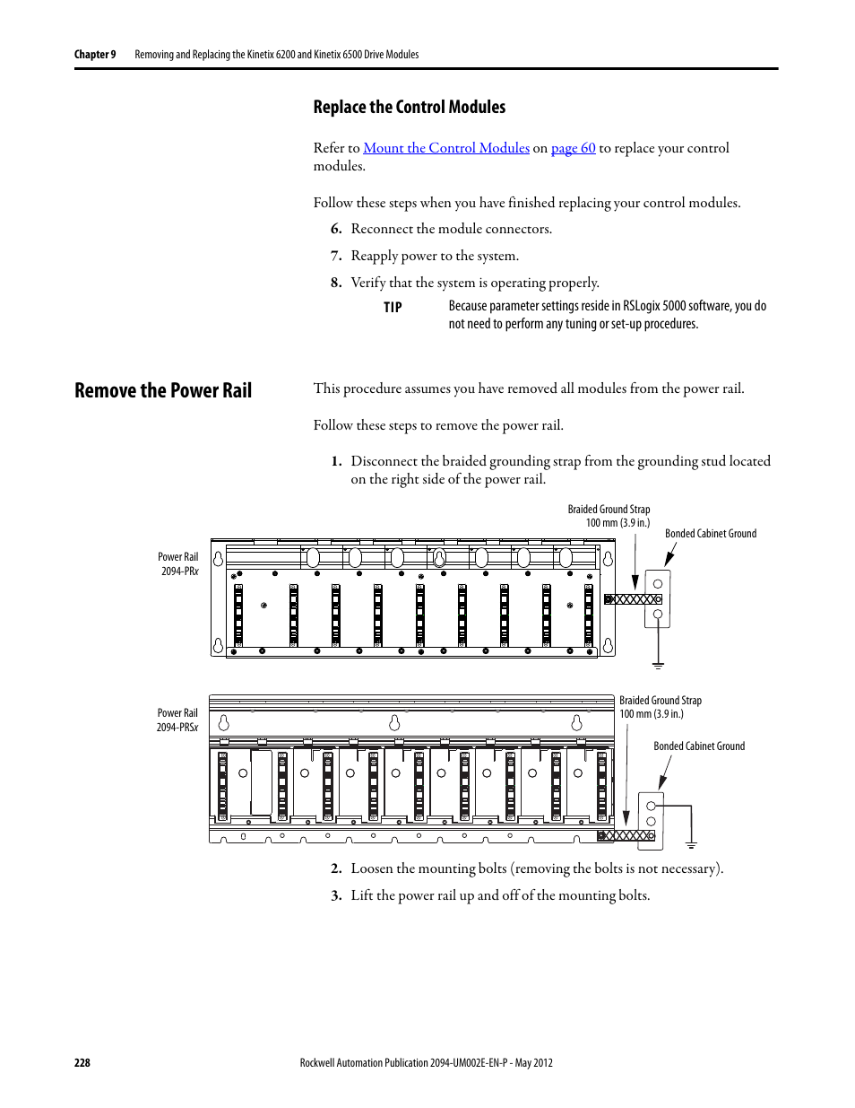 Replace the control modules, Remove the power rail | Rockwell Automation 2094-EN02D-M01-Sx Kinetix 6200 and Kinetix 6500 Modular Multi-axis Servo Drives User Manual User Manual | Page 228 / 290