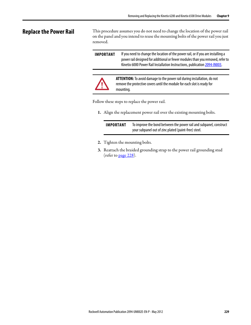 Replace the power rail | Rockwell Automation 2094-EN02D-M01-Sx Kinetix 6200 and Kinetix 6500 Modular Multi-axis Servo Drives User Manual User Manual | Page 229 / 290