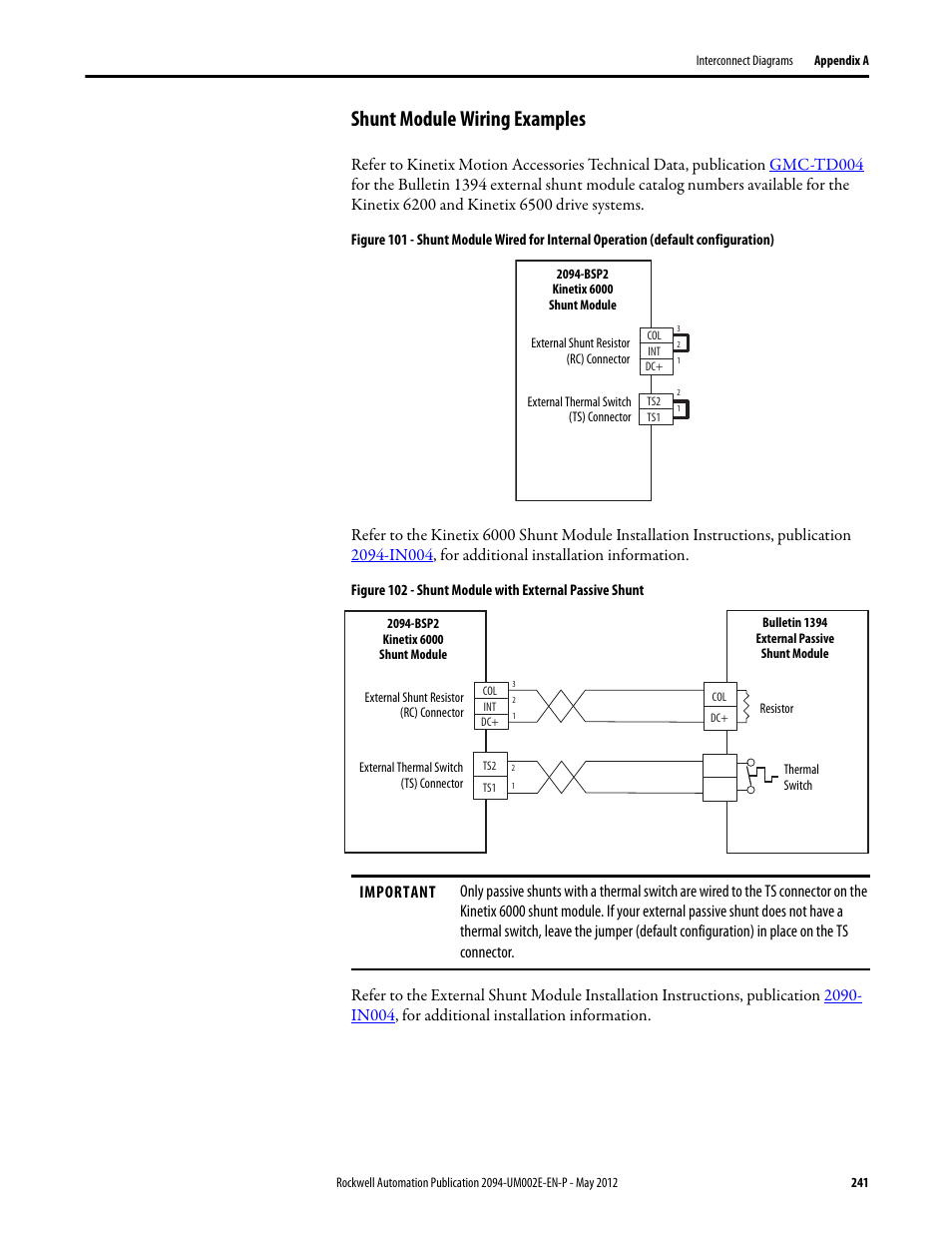 Shunt module wiring examples, Shunt module wiring examples on | Rockwell Automation 2094-EN02D-M01-Sx Kinetix 6200 and Kinetix 6500 Modular Multi-axis Servo Drives User Manual User Manual | Page 241 / 290