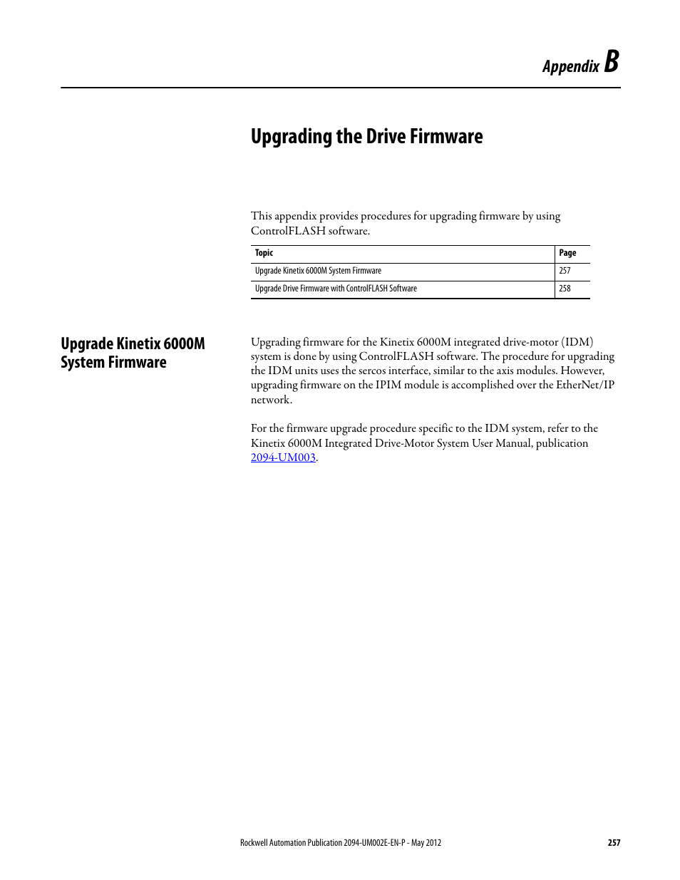 Appendix b - upgrading the drive firmware, Upgrade kinetix 6000m system firmware, Appendix b | Upgrading the drive firmware, Appendix | Rockwell Automation 2094-EN02D-M01-Sx Kinetix 6200 and Kinetix 6500 Modular Multi-axis Servo Drives User Manual User Manual | Page 257 / 290