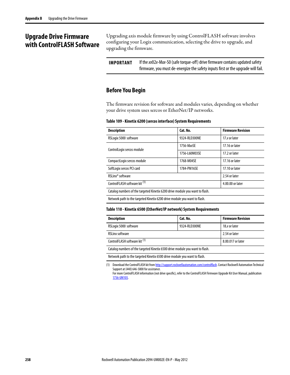 Upgrade drive firmware with controlflash software, Before you begin | Rockwell Automation 2094-EN02D-M01-Sx Kinetix 6200 and Kinetix 6500 Modular Multi-axis Servo Drives User Manual User Manual | Page 258 / 290