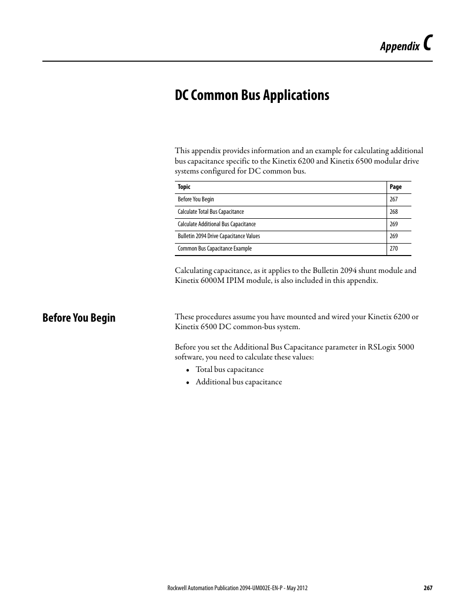 Appendix c - dc common bus applications, Before you begin, Appendix c | Dc common bus applications, Appendix c beginning on, Appendix c beginning, Appendix | Rockwell Automation 2094-EN02D-M01-Sx Kinetix 6200 and Kinetix 6500 Modular Multi-axis Servo Drives User Manual User Manual | Page 267 / 290