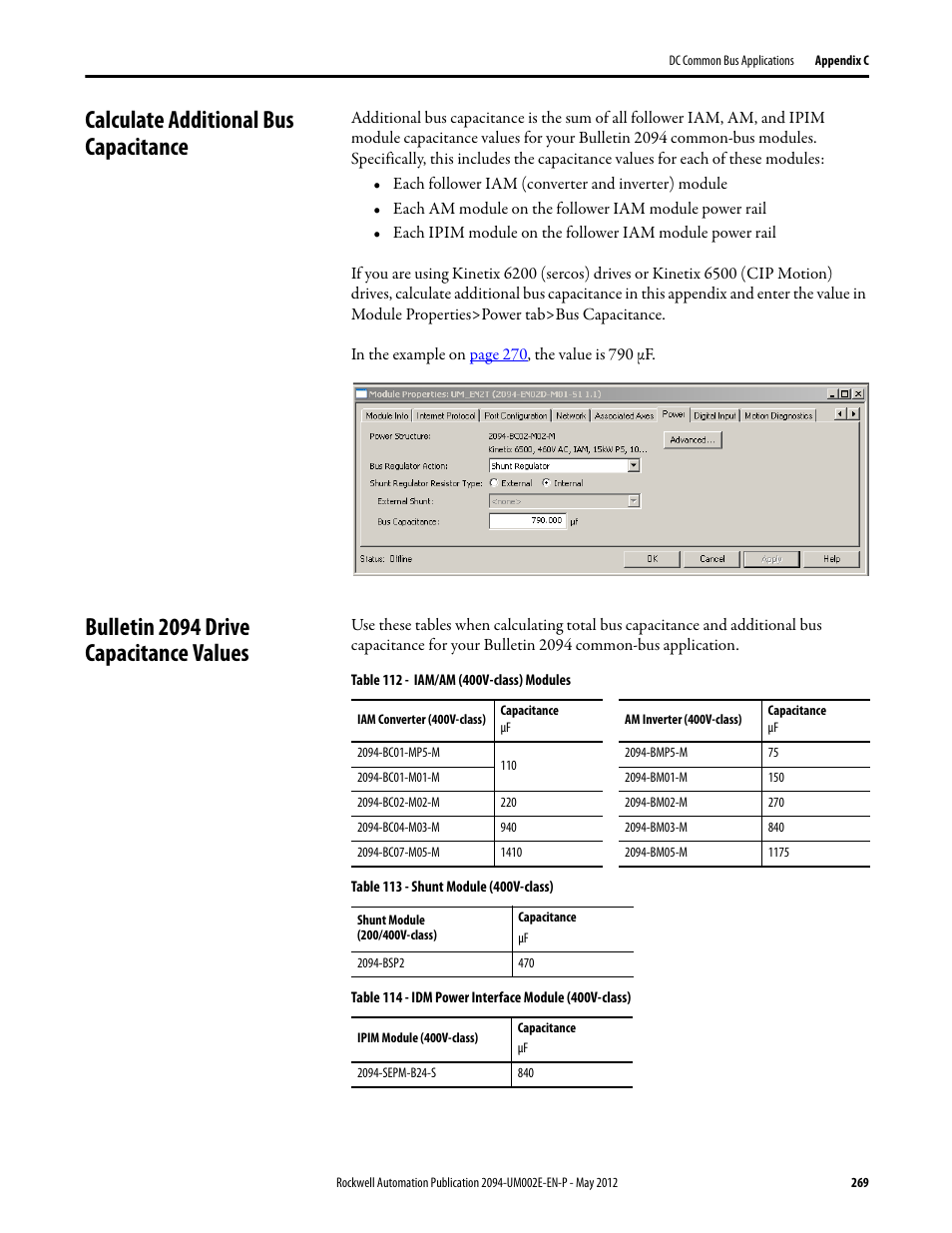 Calculate additional bus capacitance, Bulletin 2094 drive capacitance values | Rockwell Automation 2094-EN02D-M01-Sx Kinetix 6200 and Kinetix 6500 Modular Multi-axis Servo Drives User Manual User Manual | Page 269 / 290