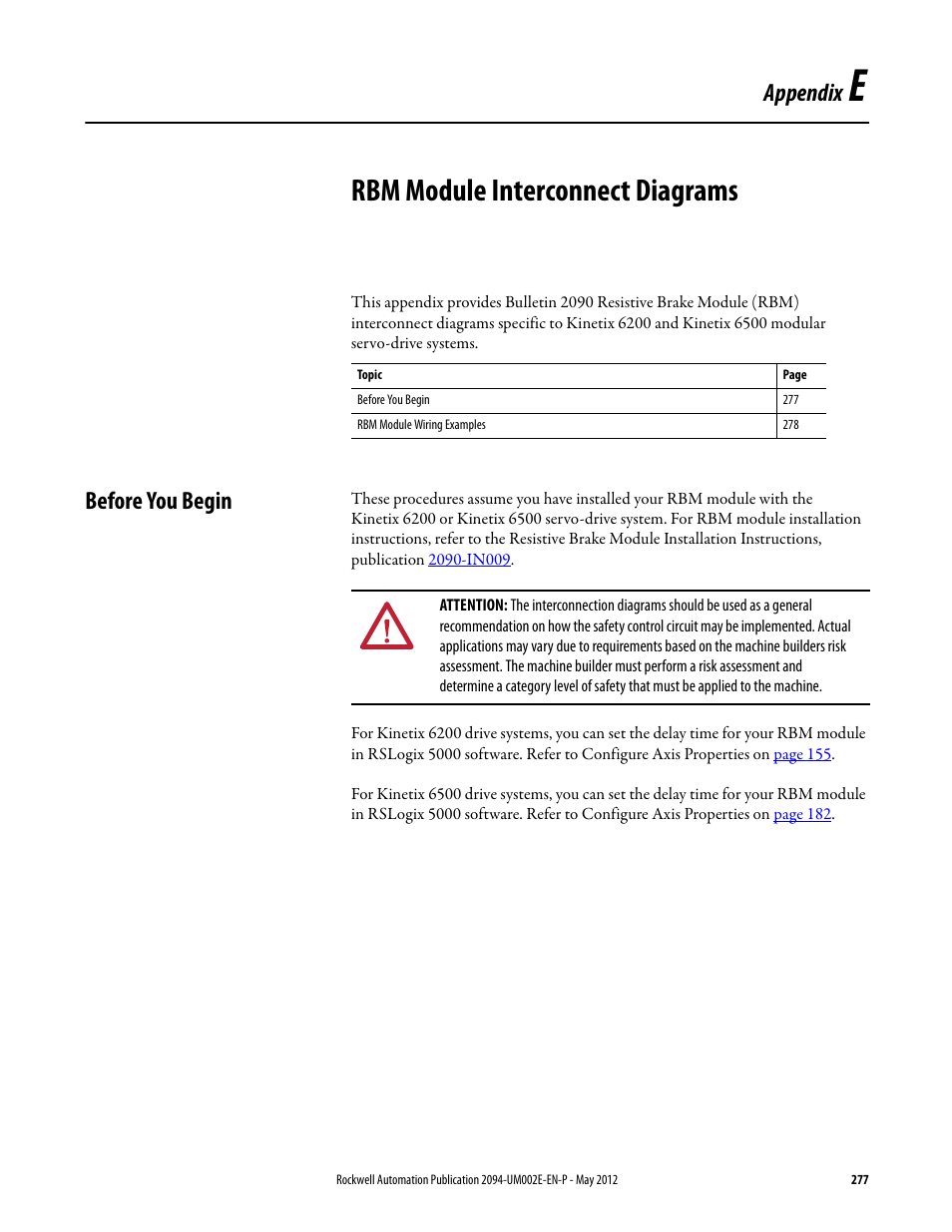 Appendix e - rbm module interconnect diagrams, Before you begin, Appendix e | Rbm module interconnect diagrams, In appendix e, Appendix | Rockwell Automation 2094-EN02D-M01-Sx Kinetix 6200 and Kinetix 6500 Modular Multi-axis Servo Drives User Manual User Manual | Page 277 / 290