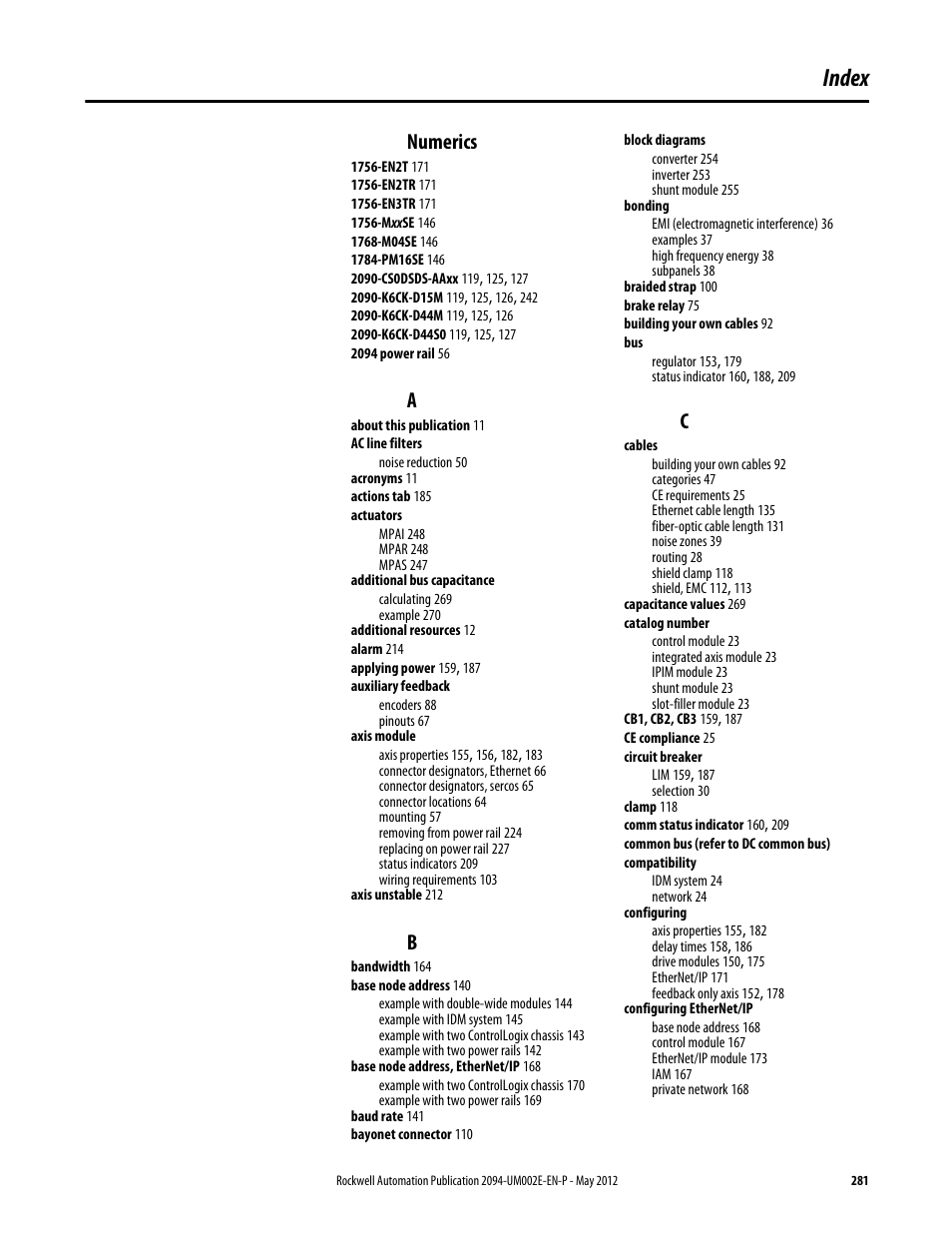 Index, Numerics | Rockwell Automation 2094-EN02D-M01-Sx Kinetix 6200 and Kinetix 6500 Modular Multi-axis Servo Drives User Manual User Manual | Page 281 / 290
