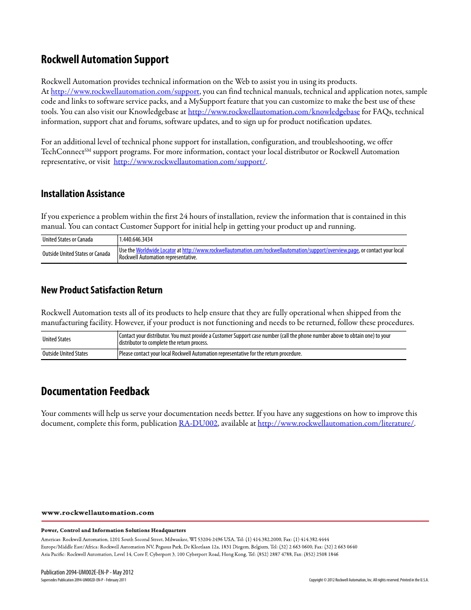 Rockwell automation support, Documentation feedback, Installation assistance | New product satisfaction return | Rockwell Automation 2094-EN02D-M01-Sx Kinetix 6200 and Kinetix 6500 Modular Multi-axis Servo Drives User Manual User Manual | Page 288 / 290