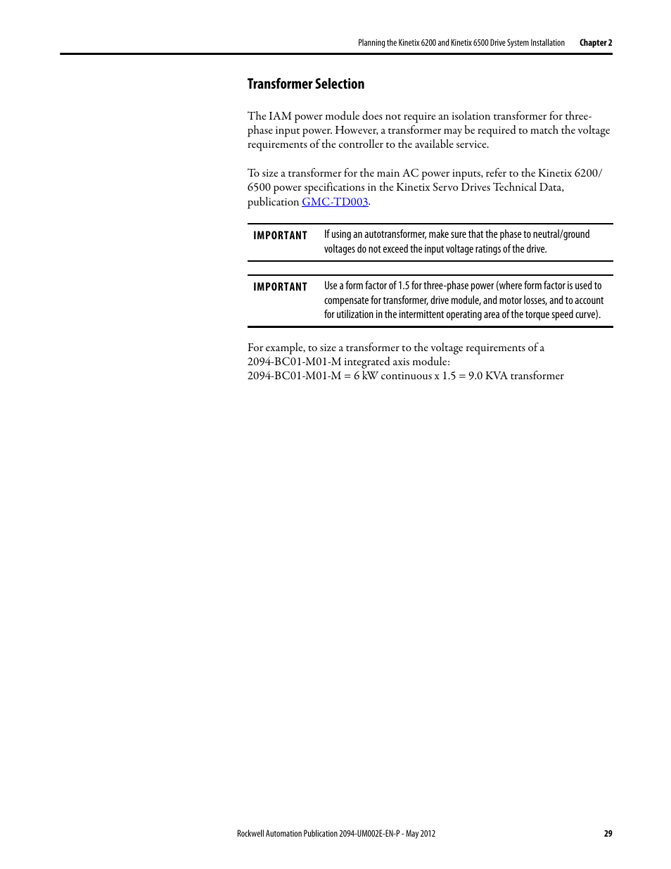 Transformer selection | Rockwell Automation 2094-EN02D-M01-Sx Kinetix 6200 and Kinetix 6500 Modular Multi-axis Servo Drives User Manual User Manual | Page 29 / 290