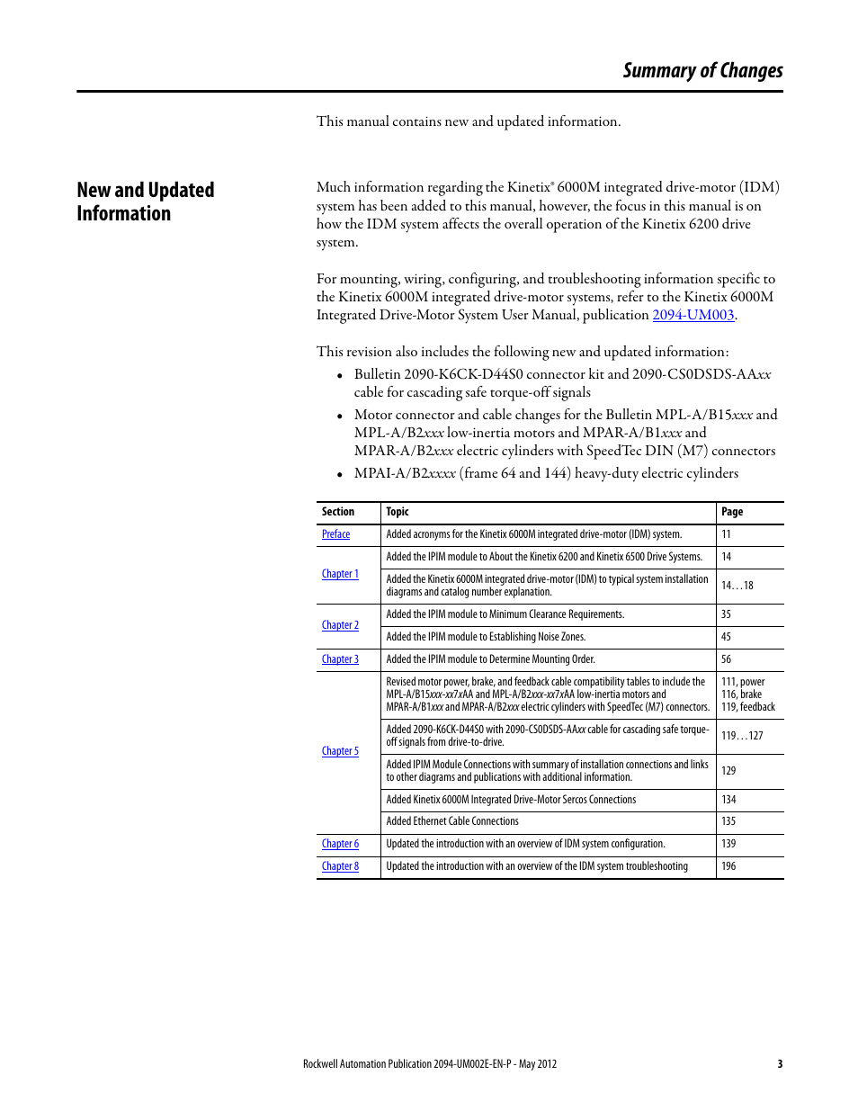 Summary of changes, New and updated information | Rockwell Automation 2094-EN02D-M01-Sx Kinetix 6200 and Kinetix 6500 Modular Multi-axis Servo Drives User Manual User Manual | Page 3 / 290