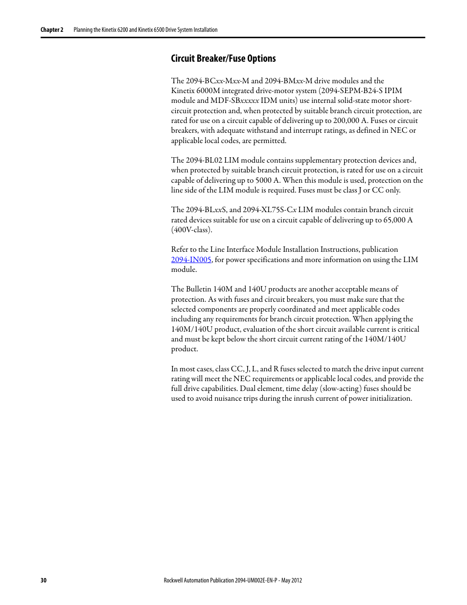 Circuit breaker/fuse options | Rockwell Automation 2094-EN02D-M01-Sx Kinetix 6200 and Kinetix 6500 Modular Multi-axis Servo Drives User Manual User Manual | Page 30 / 290