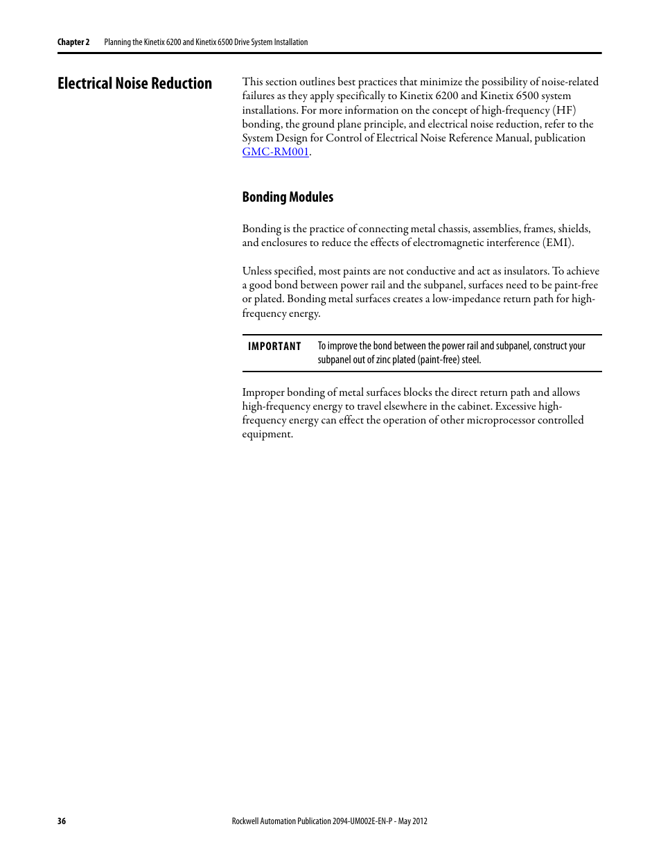 Electrical noise reduction, Bonding modules | Rockwell Automation 2094-EN02D-M01-Sx Kinetix 6200 and Kinetix 6500 Modular Multi-axis Servo Drives User Manual User Manual | Page 36 / 290