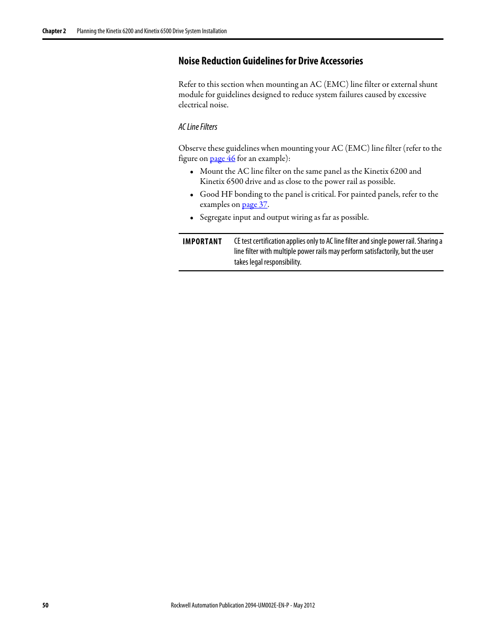 Noise reduction guidelines for drive accessories, Ac line filters | Rockwell Automation 2094-EN02D-M01-Sx Kinetix 6200 and Kinetix 6500 Modular Multi-axis Servo Drives User Manual User Manual | Page 50 / 290