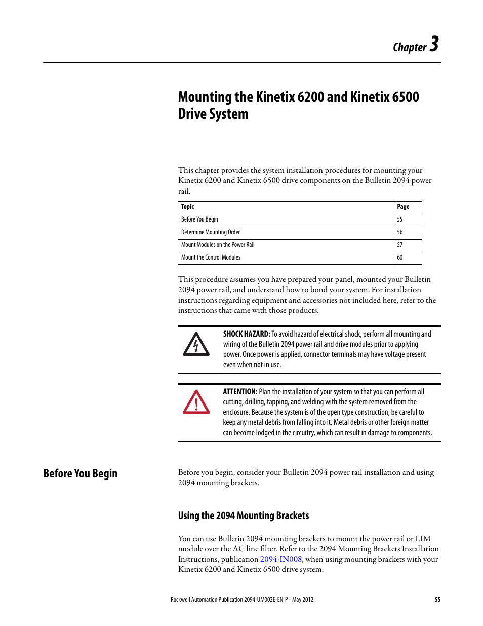 Before you begin, Using the 2094 mounting brackets, Chapter 3 | Chapter | Rockwell Automation 2094-EN02D-M01-Sx Kinetix 6200 and Kinetix 6500 Modular Multi-axis Servo Drives User Manual User Manual | Page 55 / 290