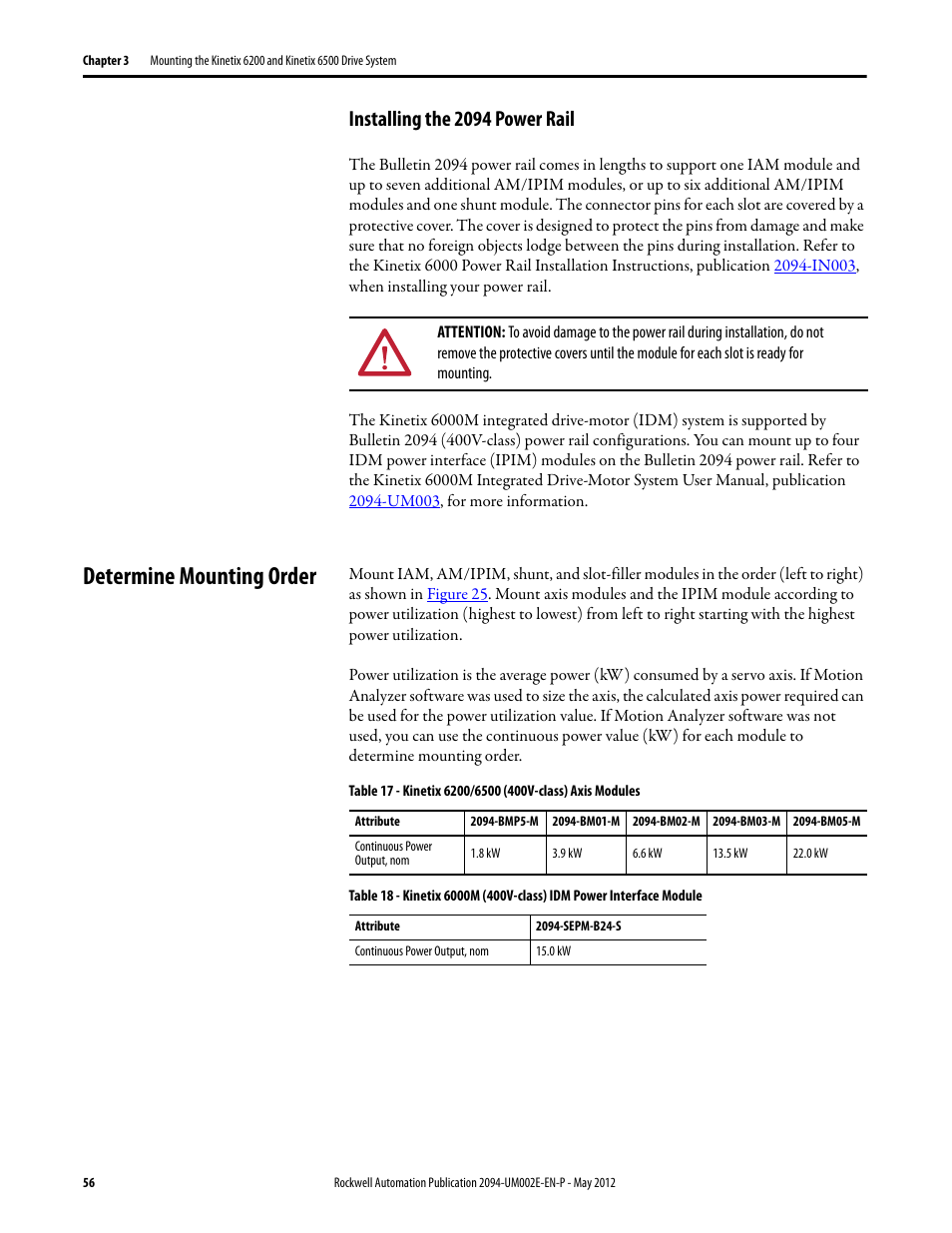 Installing the 2094 power rail, Determine mounting order | Rockwell Automation 2094-EN02D-M01-Sx Kinetix 6200 and Kinetix 6500 Modular Multi-axis Servo Drives User Manual User Manual | Page 56 / 290