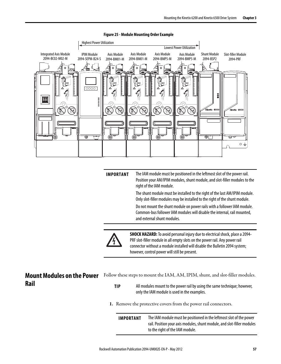 Mount modules on the power rail | Rockwell Automation 2094-EN02D-M01-Sx Kinetix 6200 and Kinetix 6500 Modular Multi-axis Servo Drives User Manual User Manual | Page 57 / 290