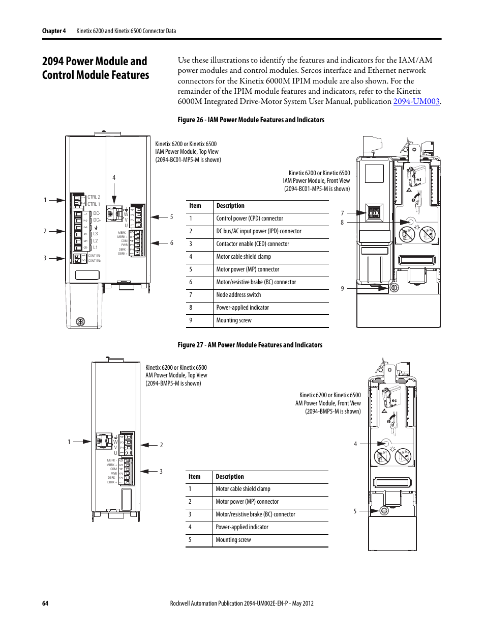 2094 power module and control module features | Rockwell Automation 2094-EN02D-M01-Sx Kinetix 6200 and Kinetix 6500 Modular Multi-axis Servo Drives User Manual User Manual | Page 64 / 290