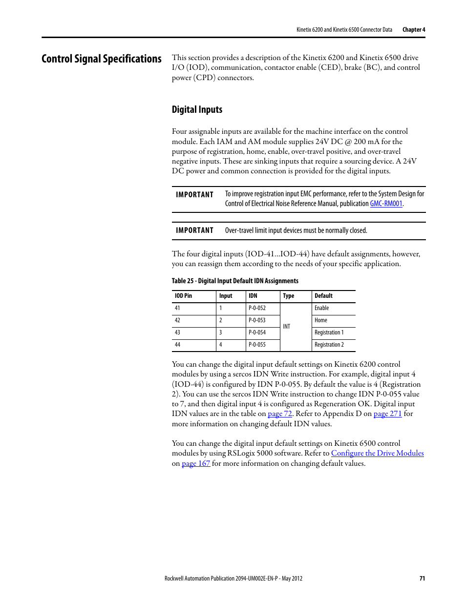 Control signal specifications, Digital inputs, For more inform | Rockwell Automation 2094-EN02D-M01-Sx Kinetix 6200 and Kinetix 6500 Modular Multi-axis Servo Drives User Manual User Manual | Page 71 / 290