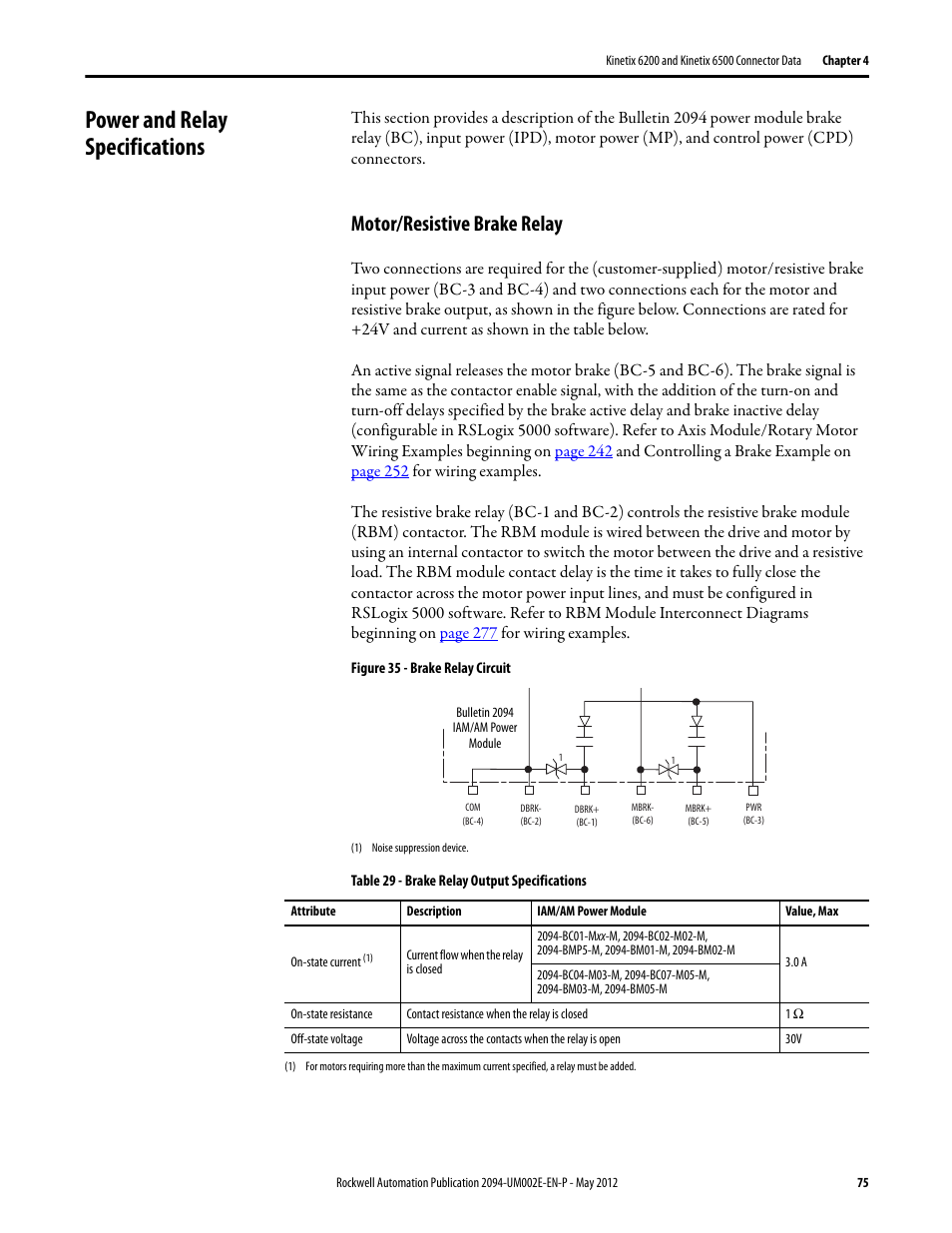 Power and relay specifications, Motor/resistive brake relay | Rockwell Automation 2094-EN02D-M01-Sx Kinetix 6200 and Kinetix 6500 Modular Multi-axis Servo Drives User Manual User Manual | Page 75 / 290