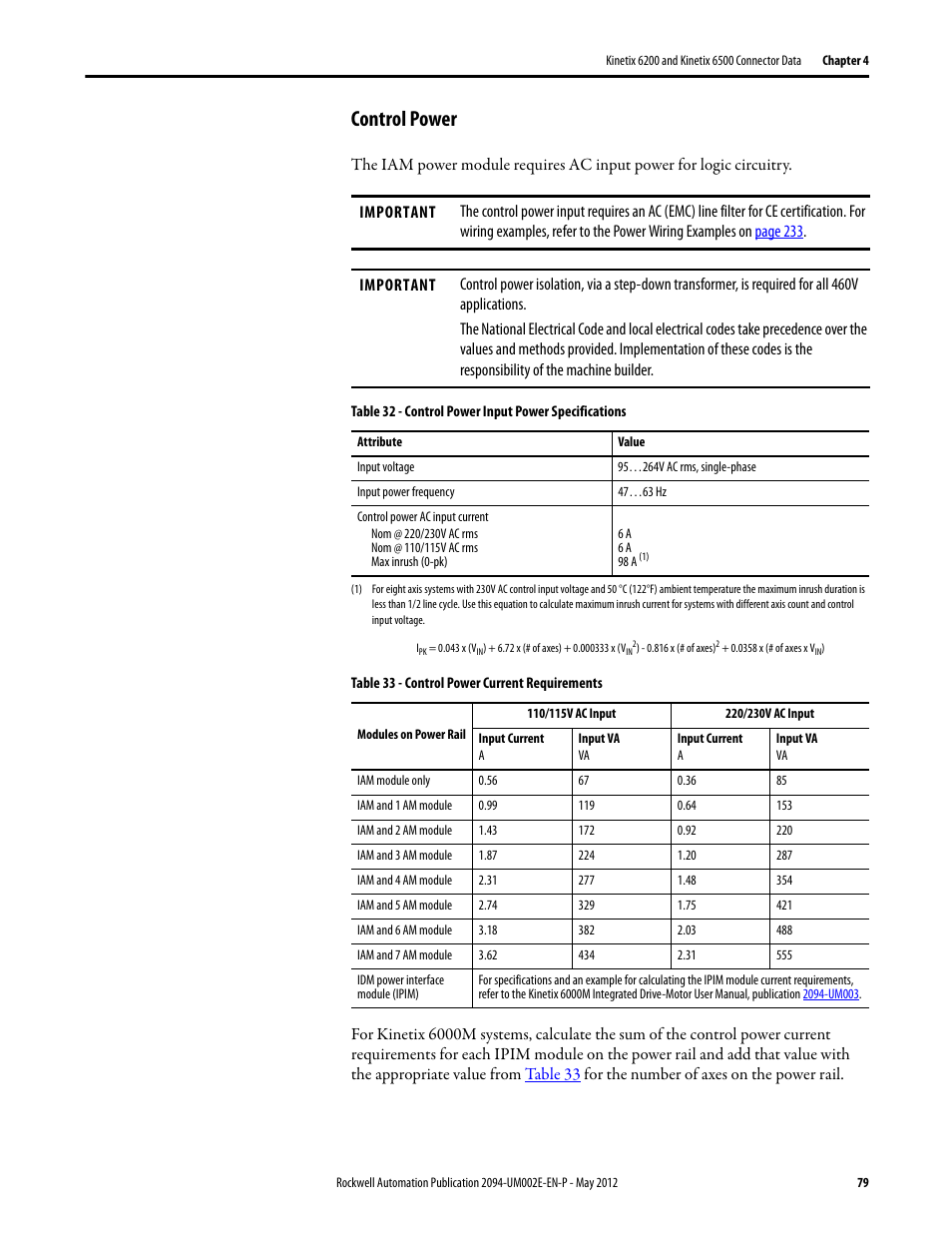 Control power | Rockwell Automation 2094-EN02D-M01-Sx Kinetix 6200 and Kinetix 6500 Modular Multi-axis Servo Drives User Manual User Manual | Page 79 / 290