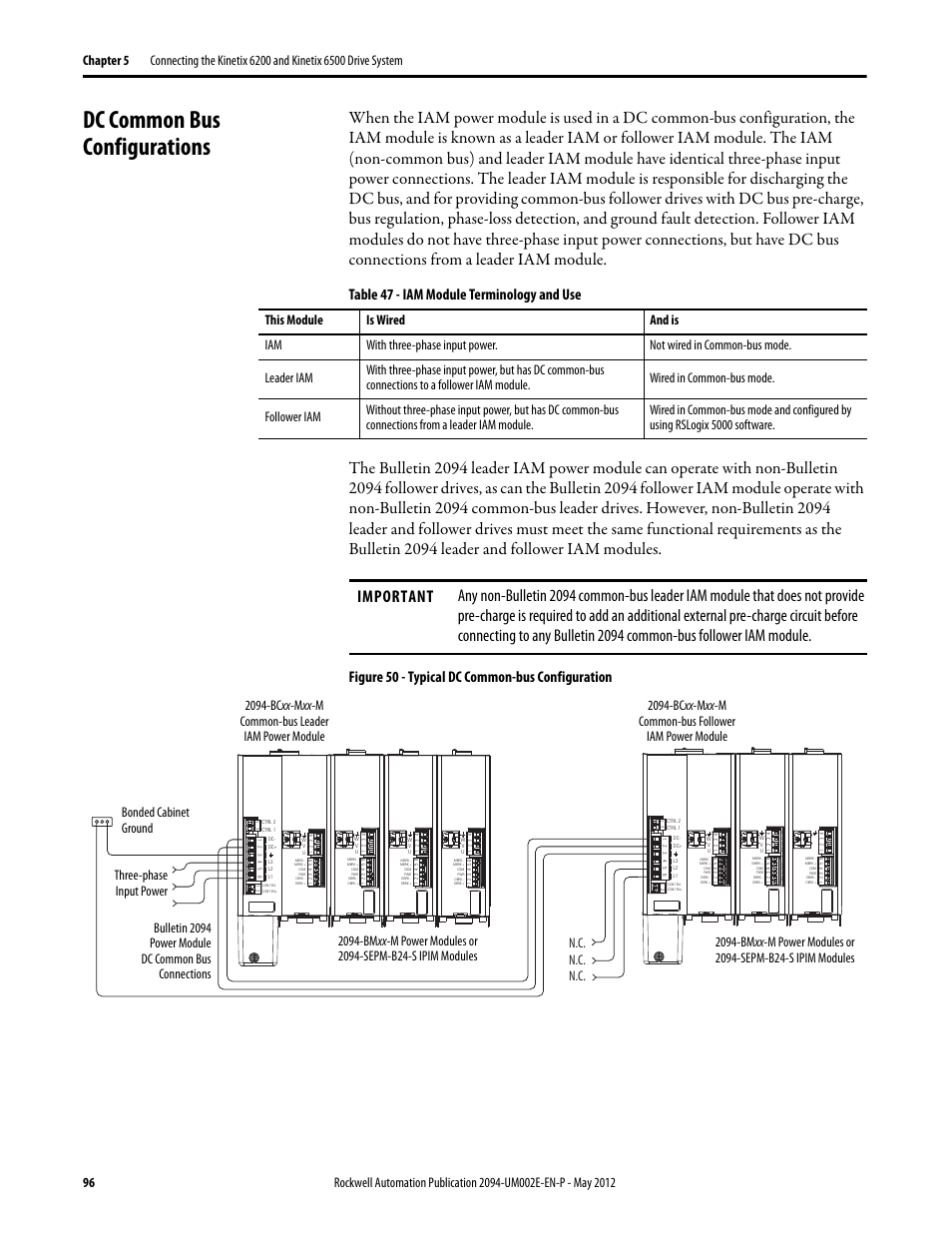 Dc common bus configurations, Table 47 - iam module terminology and use, Figure 50 - typical dc common-bus configuration | N.c. n.c. n.c | Rockwell Automation 2094-EN02D-M01-Sx Kinetix 6200 and Kinetix 6500 Modular Multi-axis Servo Drives User Manual User Manual | Page 96 / 290