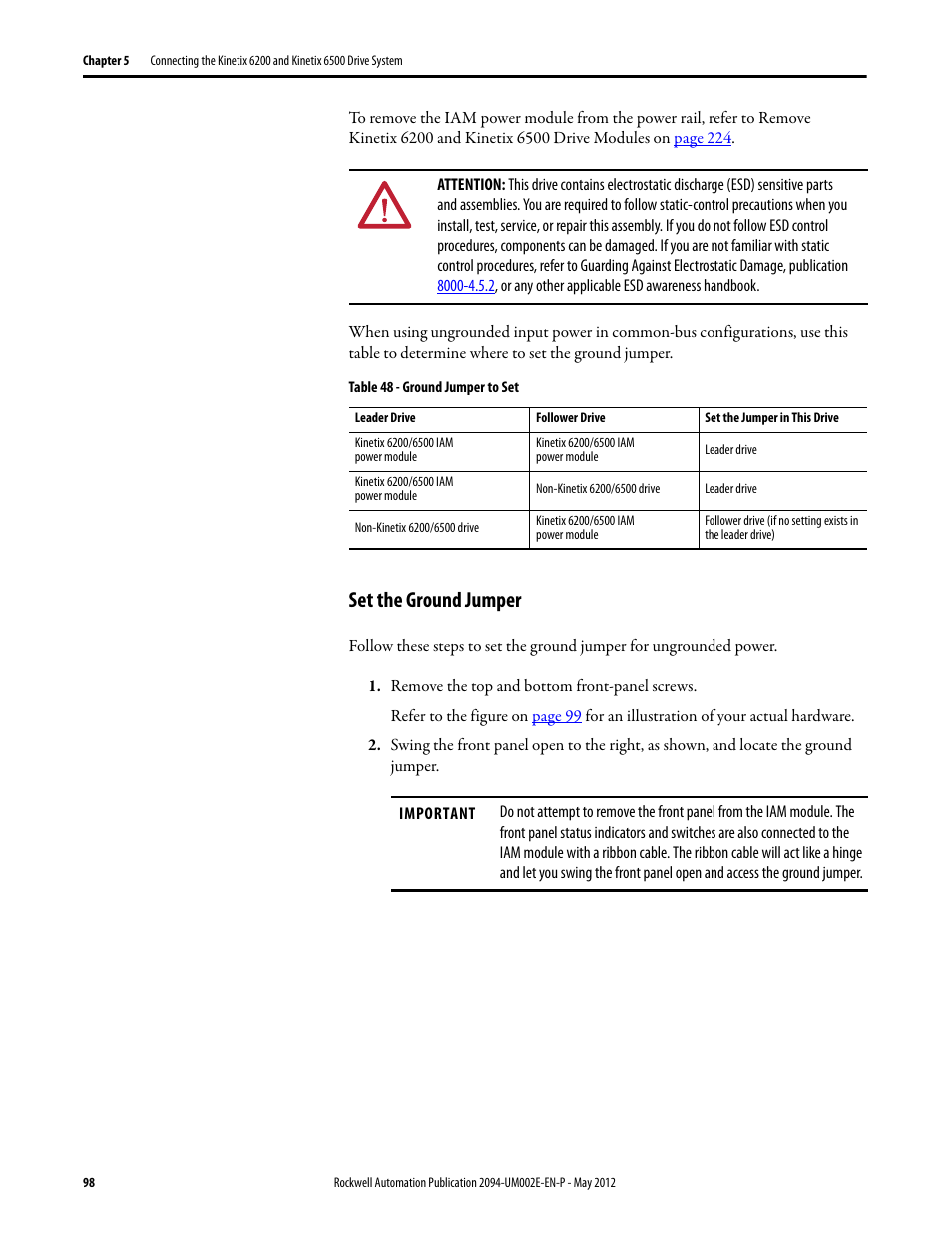 Set the ground jumper | Rockwell Automation 2094-EN02D-M01-Sx Kinetix 6200 and Kinetix 6500 Modular Multi-axis Servo Drives User Manual User Manual | Page 98 / 290