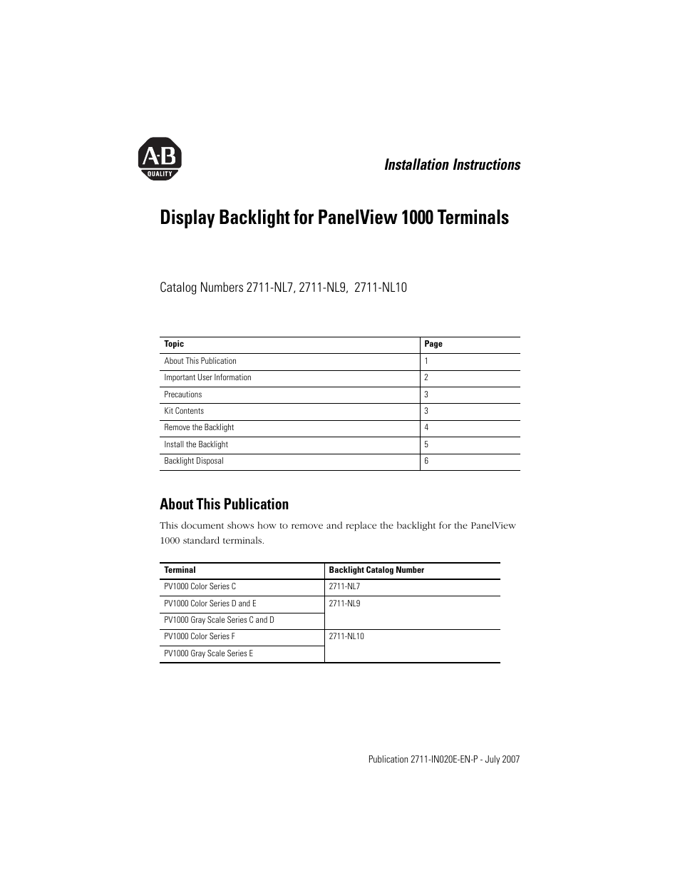 Rockwell Automation 2711-NL7_NL9_NL10 Display Backlight for PanelView 1000 (Series C) User Manual | 8 pages