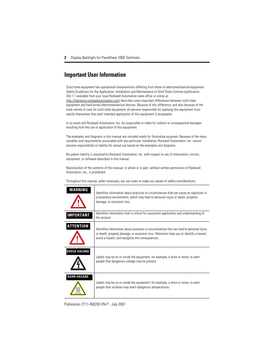 Important user information | Rockwell Automation 2711-NL7_NL9_NL10 Display Backlight for PanelView 1000 (Series C) User Manual | Page 2 / 8