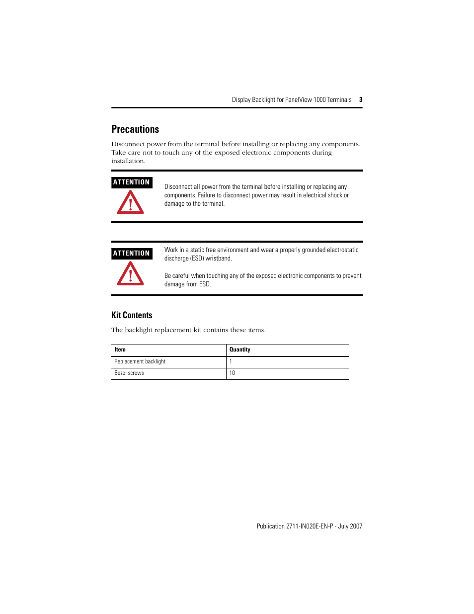 Precautions, Kit contents | Rockwell Automation 2711-NL7_NL9_NL10 Display Backlight for PanelView 1000 (Series C) User Manual | Page 3 / 8