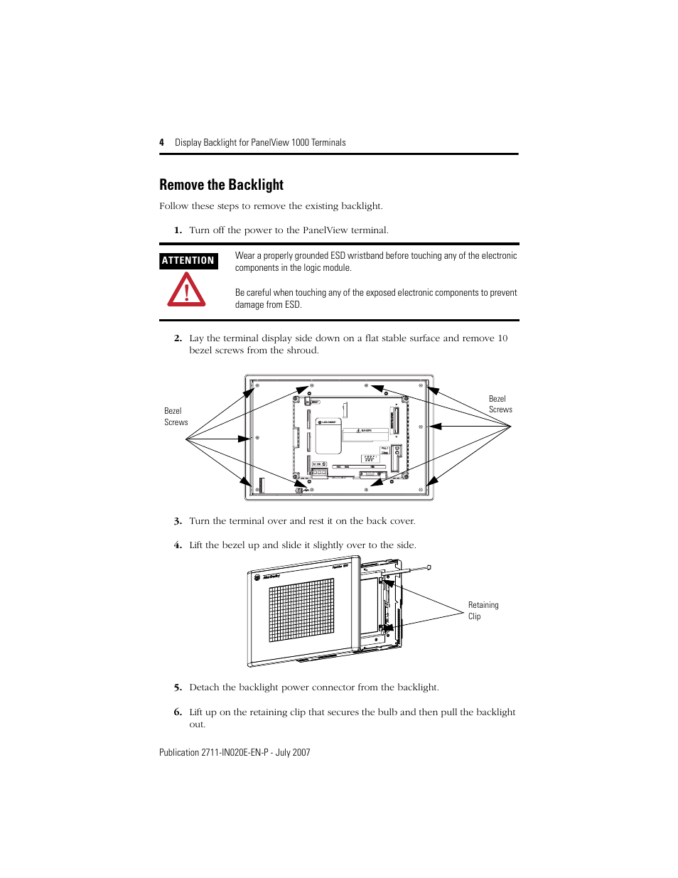 Remove the backlight | Rockwell Automation 2711-NL7_NL9_NL10 Display Backlight for PanelView 1000 (Series C) User Manual | Page 4 / 8