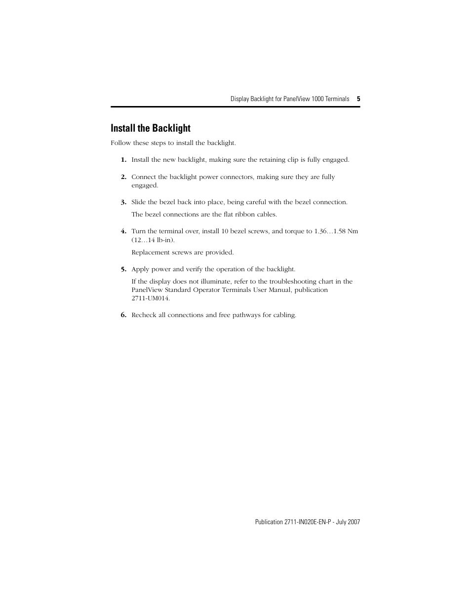 Install the backlight | Rockwell Automation 2711-NL7_NL9_NL10 Display Backlight for PanelView 1000 (Series C) User Manual | Page 5 / 8