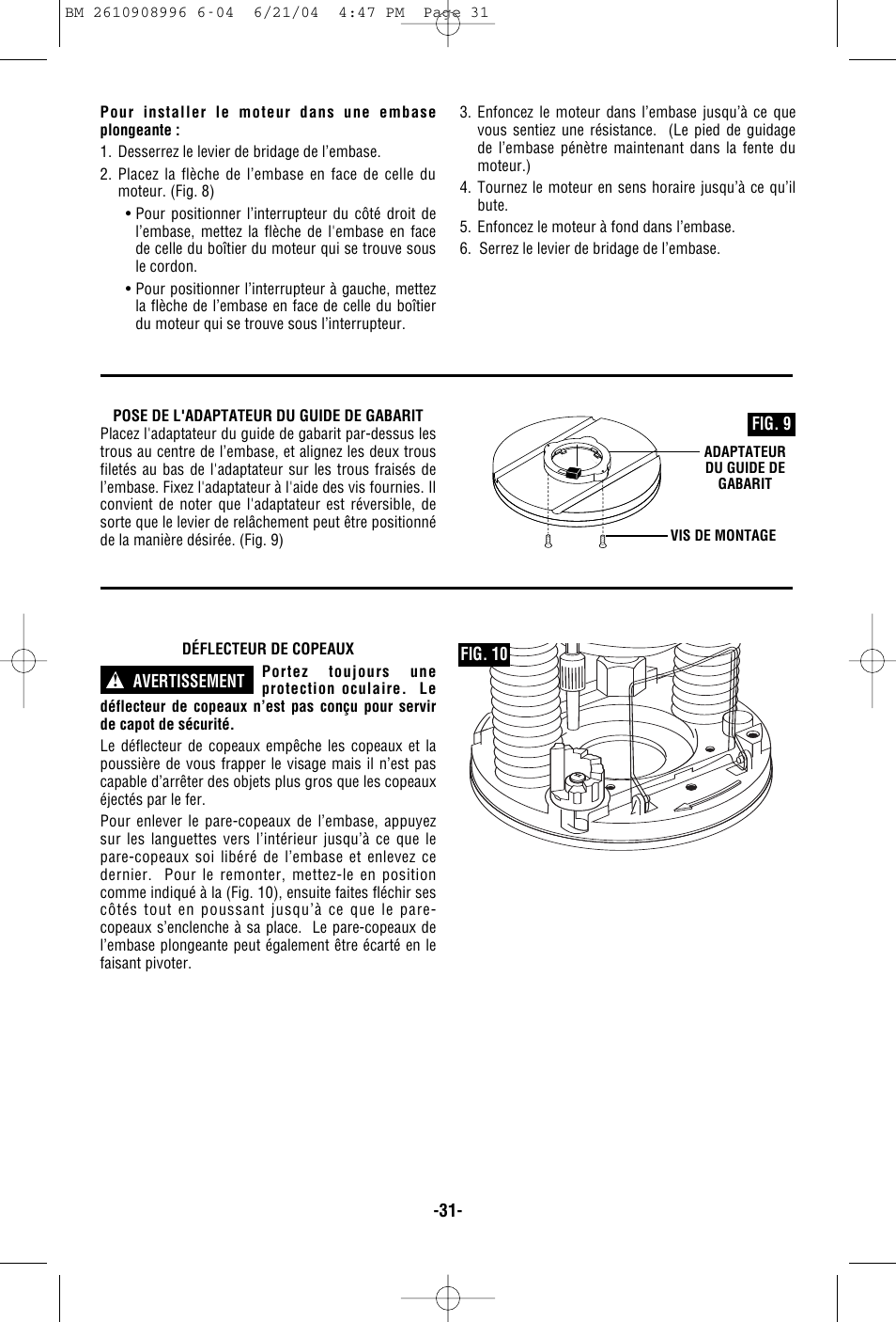 Fig. 9, Fig. 10 avertissement | Bosch 1617EVSPK User Manual | Page 31 / 68