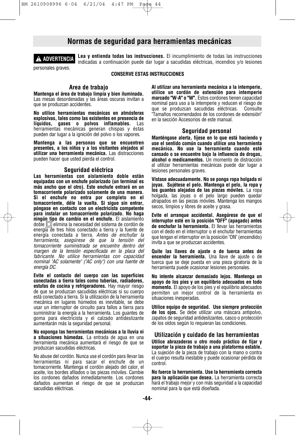 Normas de seguridad para herramientas mecánicas | Bosch 1617EVSPK User Manual | Page 44 / 68