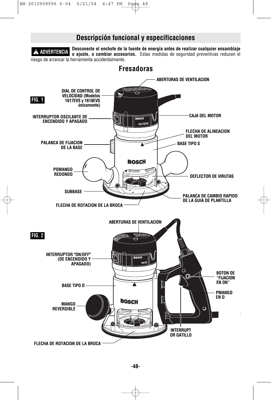 Descripción funcional y especificaciones, Fresadoras | Bosch 1617EVSPK User Manual | Page 48 / 68