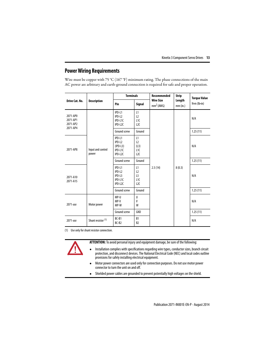 Power wiring requirements | Rockwell Automation 2071-Axx Kinetix 3 Component Servo Drive User Manual | Page 13 / 20