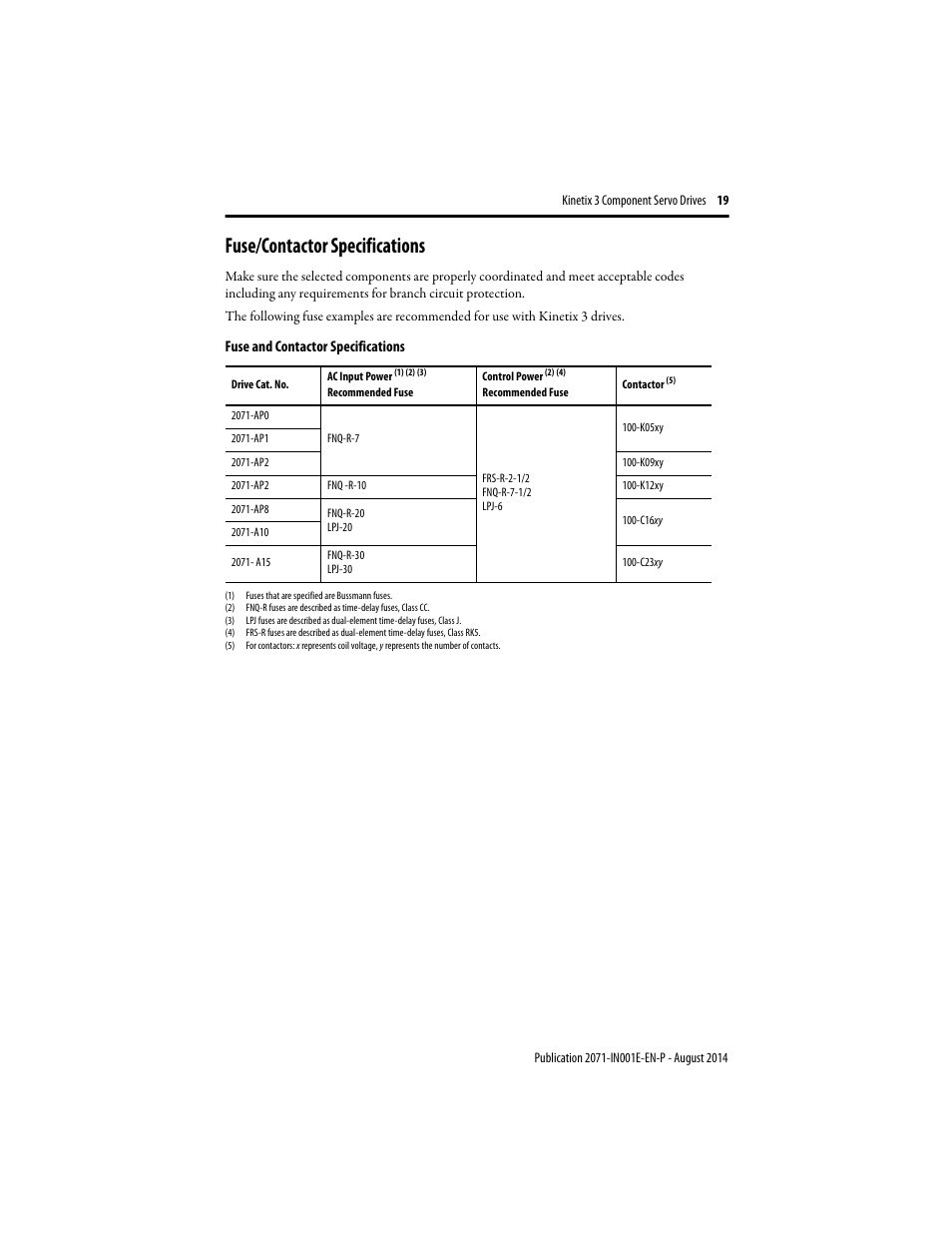 Fuse/contactor specifications | Rockwell Automation 2071-Axx Kinetix 3 Component Servo Drive User Manual | Page 19 / 20